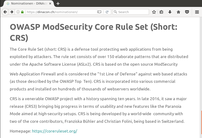 The Nomination of the CRS Project